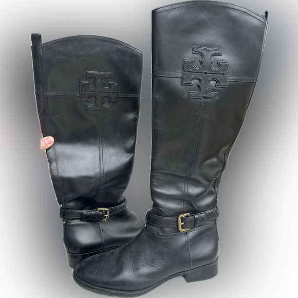 Tory Burch Shoes - TORY BURCH 
Knee Boots Marlene Black T Logo Riding 9 1/2
